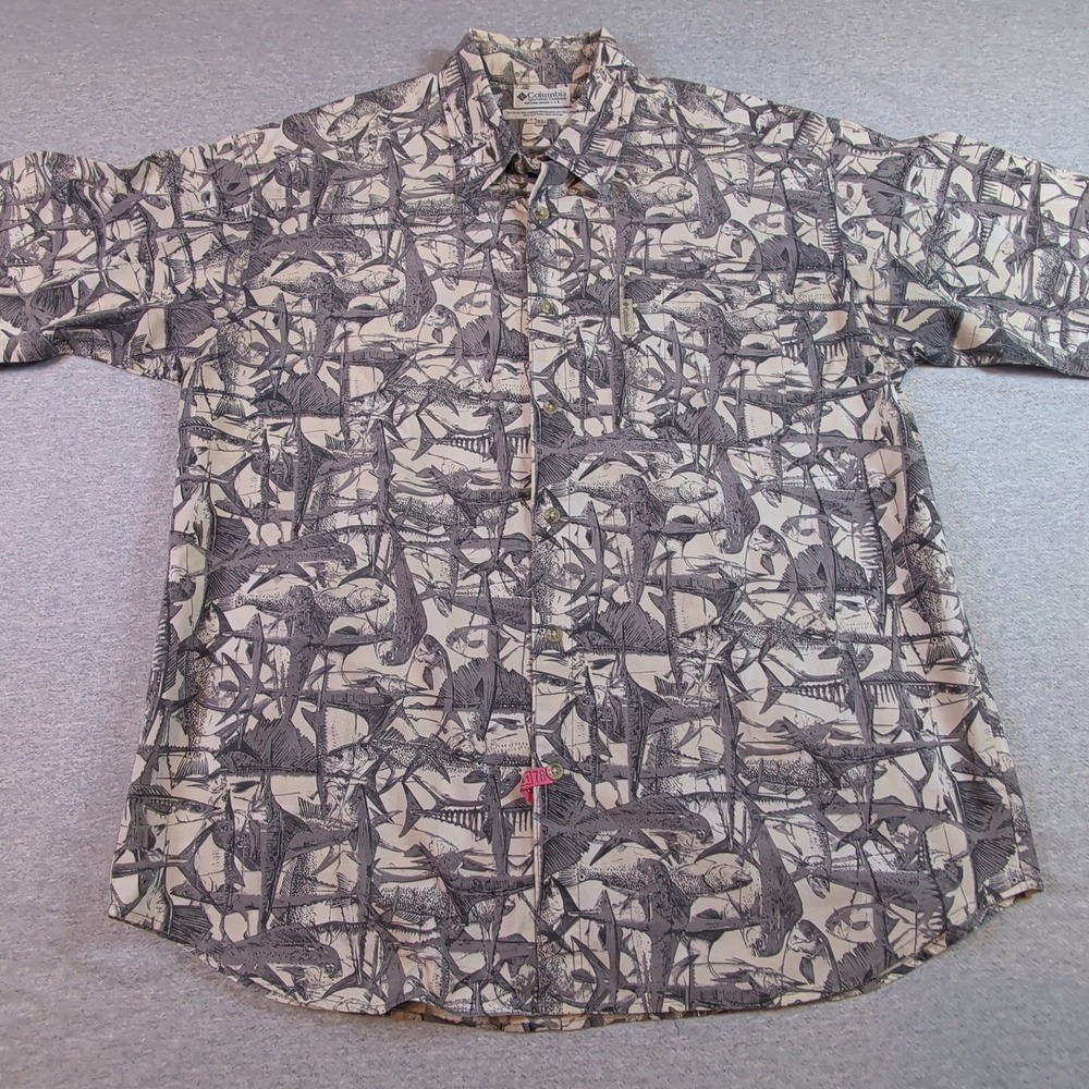 Columbia Sportswear Mens XL Fish Print Button Down Shirt Grey Ivory Cotton